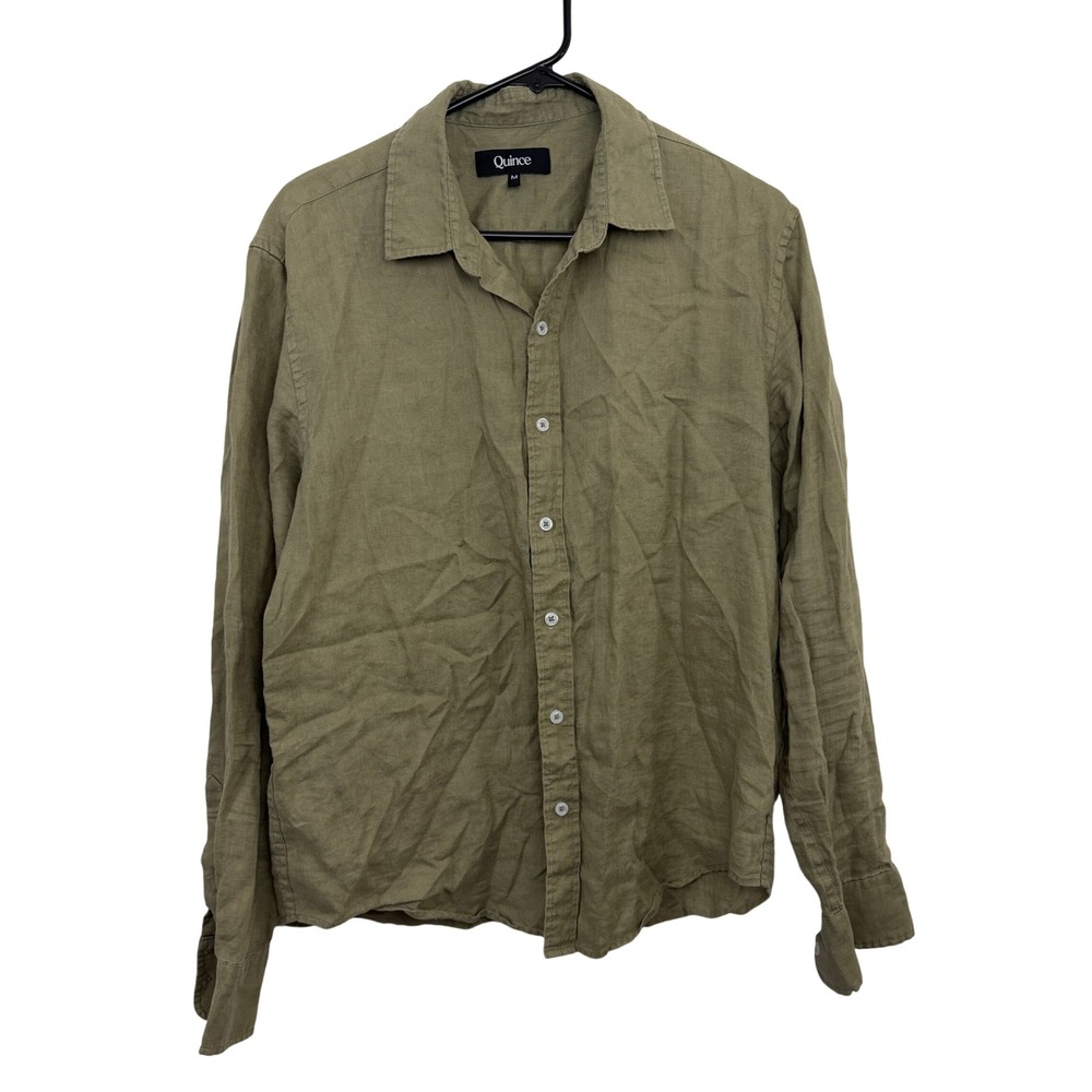 Quince Shirt Mens Medium Olive Green 100% Linen Long Sleeve Button Down